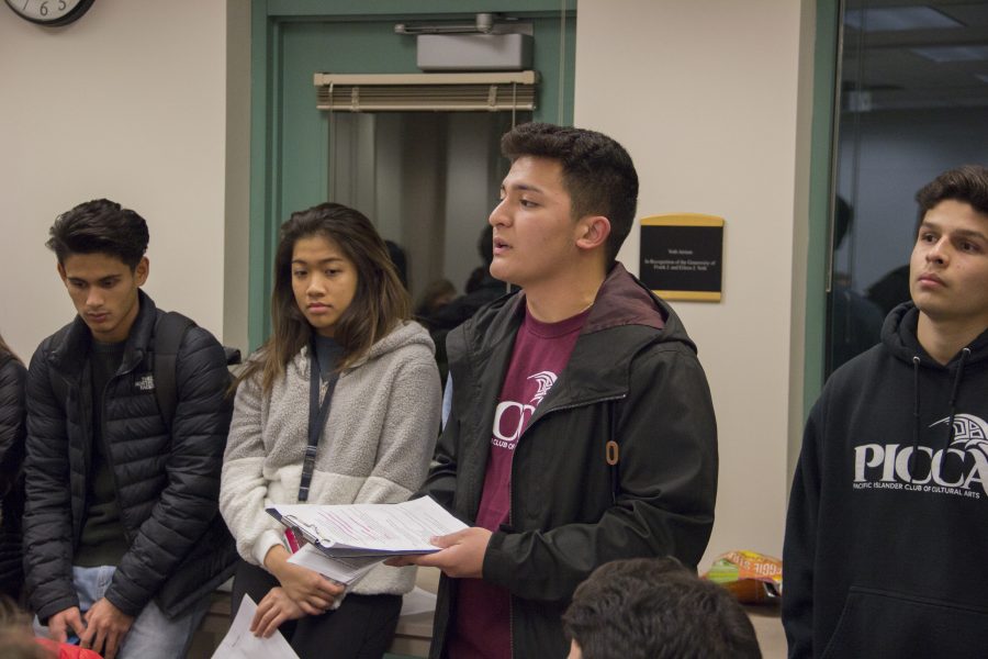 Pierce Salavea (2nd from right) attends a Senate meeting to propose more funding for the Pacific Islander Club of Cultural Arts.

Max Briggs | The Falcon