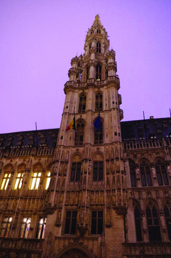 The Brussels Town Hall, the towering structure houses the national archives and royal library.