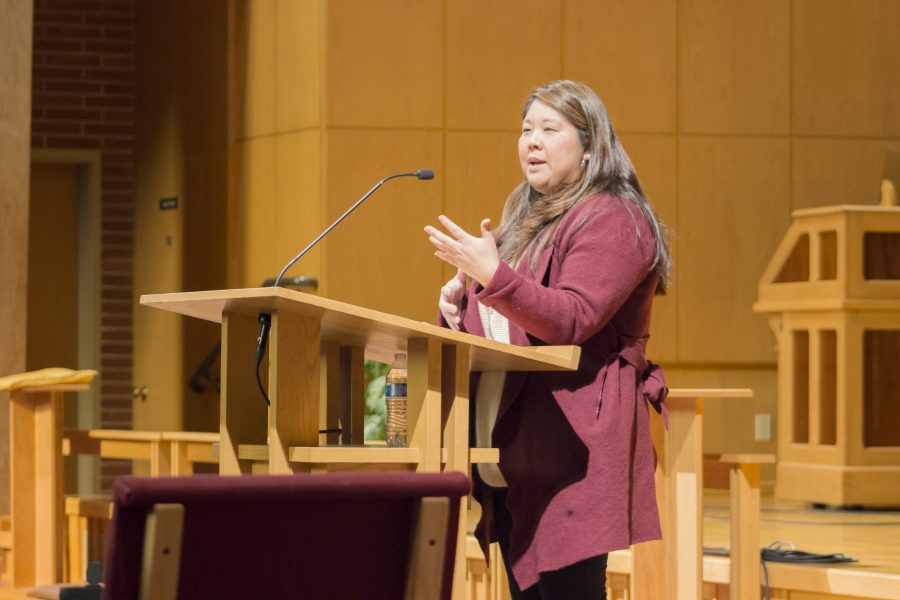 Chaplain Lisa Ishihara gives a sermon to the church attendees.

Adriana Rendon | The Falcon