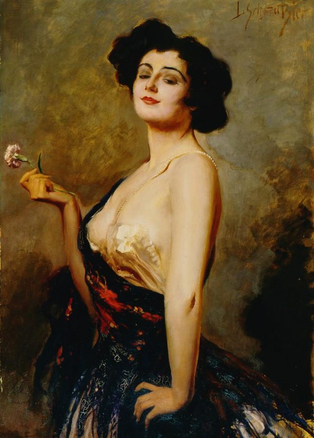 Leopold Schmutzler. Woman in Costume, ca. 1910. Oil on canvas. 41 x 29 in. Founding Collection, Gift of Charles and Emma Frye, 1952.151.