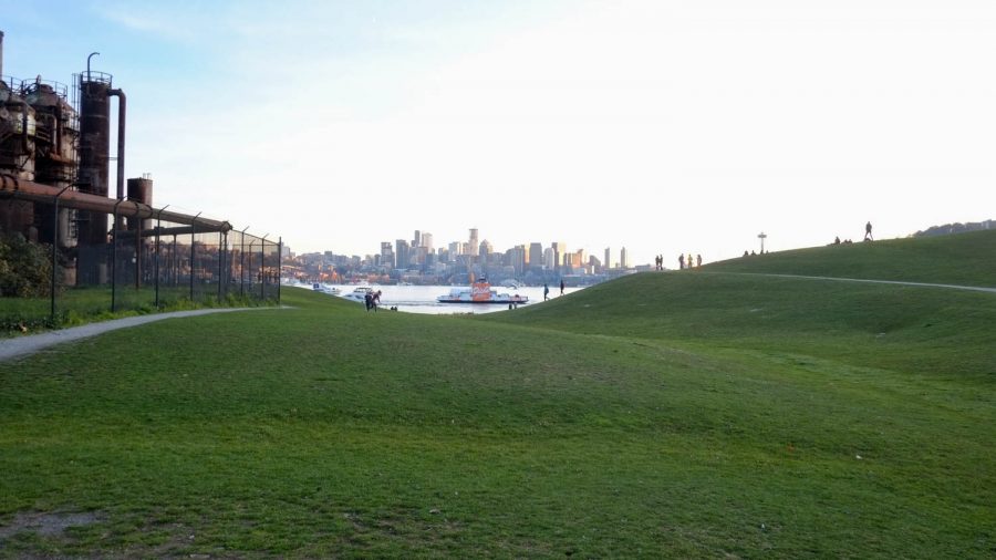 The seattle skyline over lake union with the grass of gas works park in the foreground.
