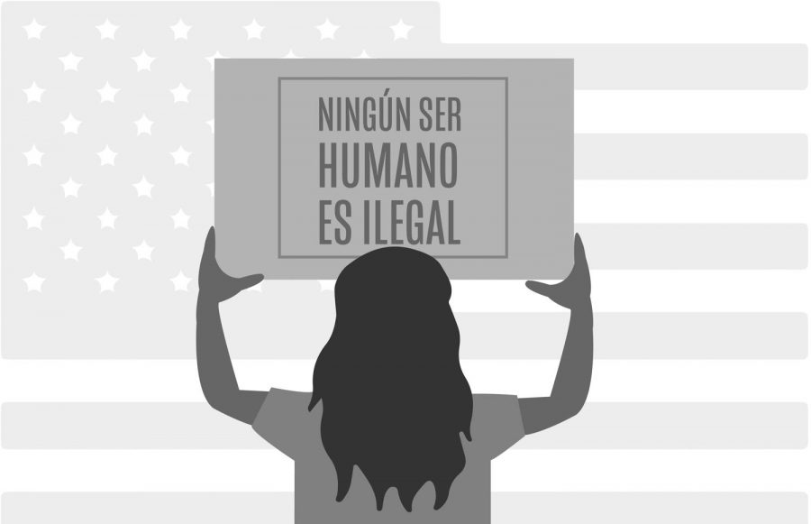 an illustration of a woman holding up a sign that says ningún ser humano es ilegal against an american flag background