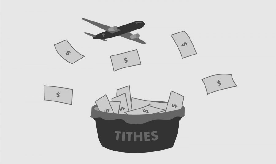 An illustration of money in a bucket labeled tithes with a airplane with a cross on the side flying overhead