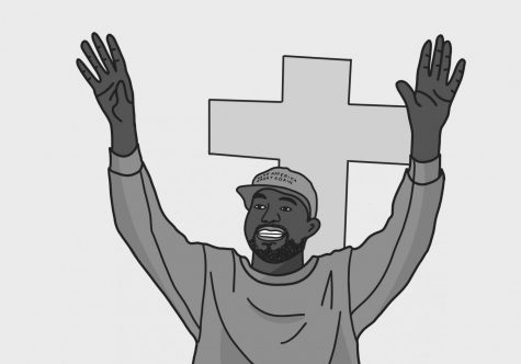 An illustration of Kanye West raising his hands in front of a cross