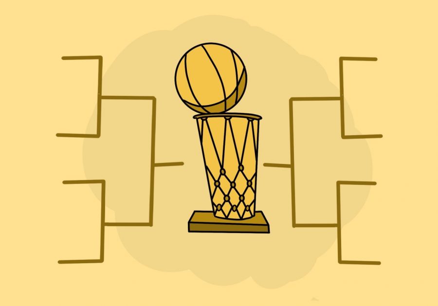 an illustration of the NBA championship trophy with a bracket leading to it