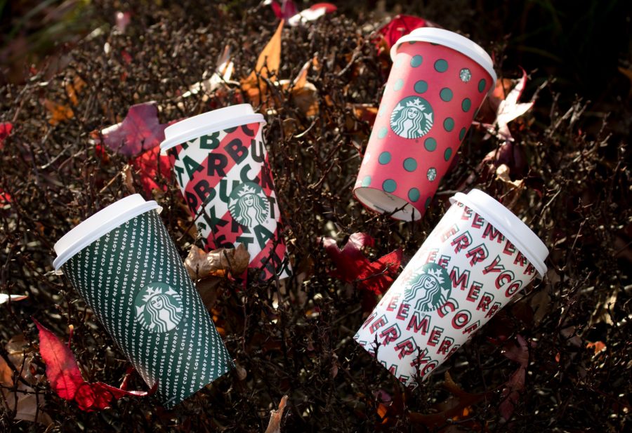 Four decorative Starbucks Holiday cups