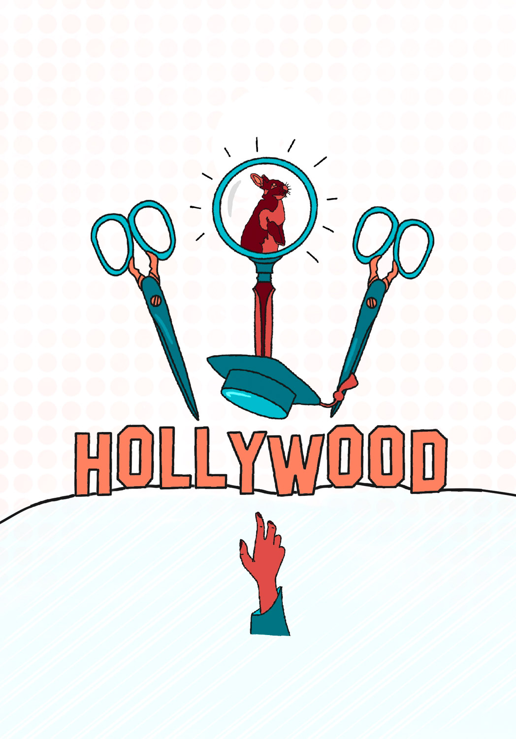 An illustration depicting scissors, a magnifying glass, a rabbit, the Hollywood sign, and a hand.