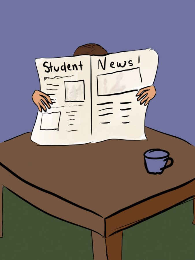 an illustration of a person reading a newspaper that reads, student news!