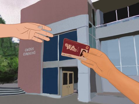 an illustration of a person passing an identification card to someone else