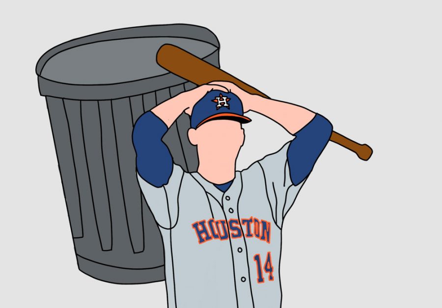 an illustrattion of a man in a houston astros jersey with his hands on his head and a trash can in the background