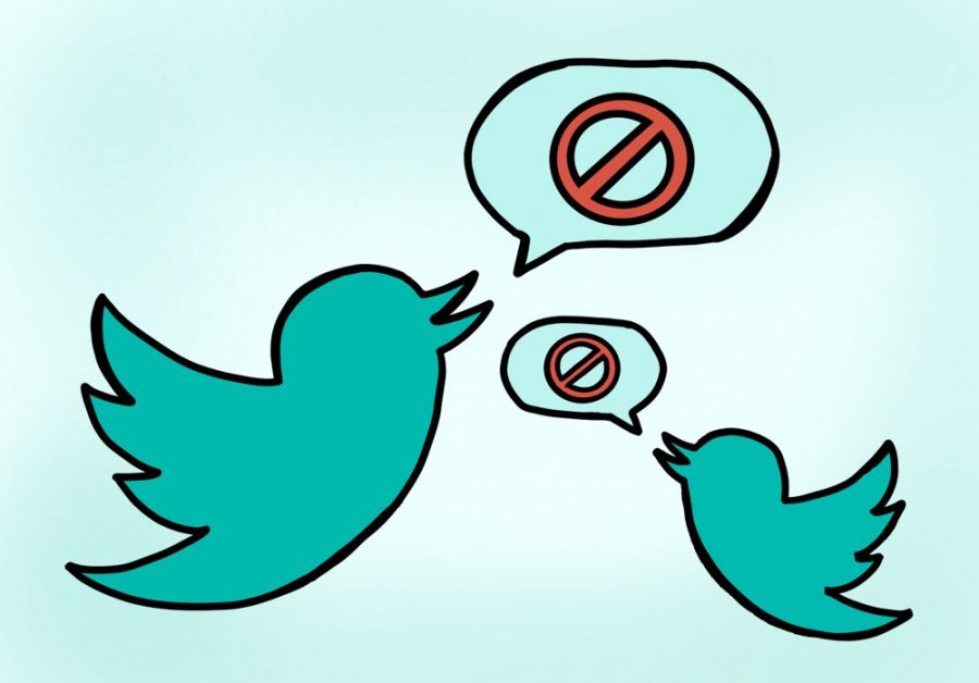 A graphic depicting two twitter birds with cancel signs in speech bubbles