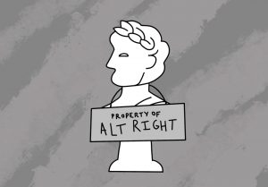 a graphic of a greco-roman statue with a sign that reads "property of the alt-right"