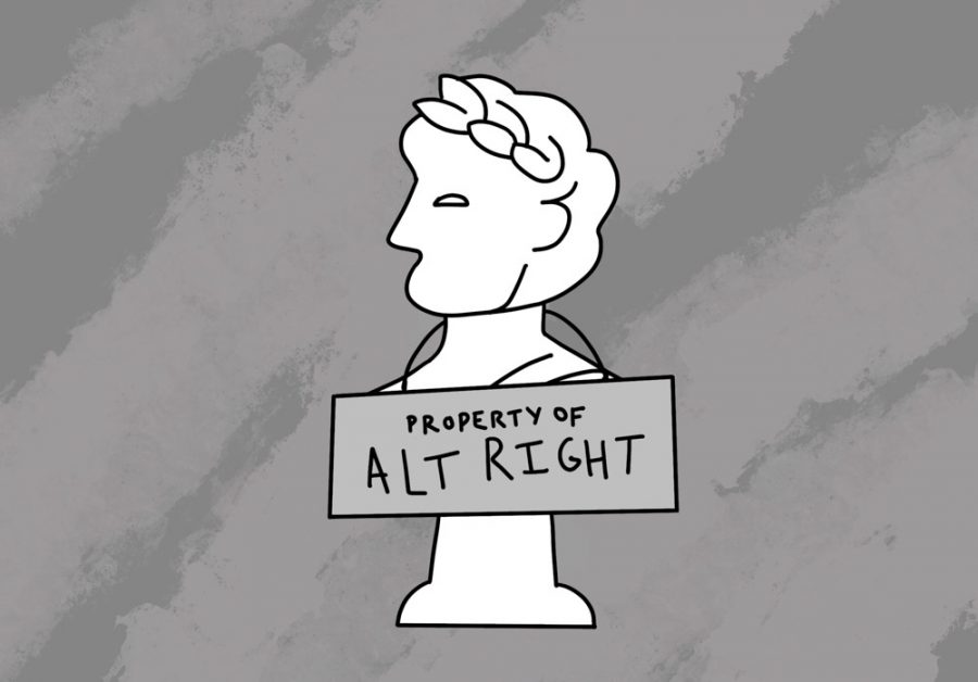 a graphic of a greco-roman statue with a sign that reads property of the alt-right