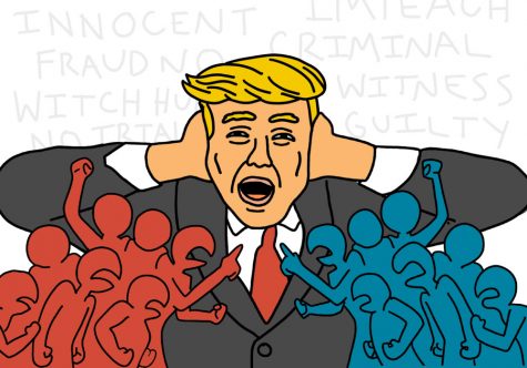 an illustration of Donald Trump covering his ears while two groups of people, red and blue, argue