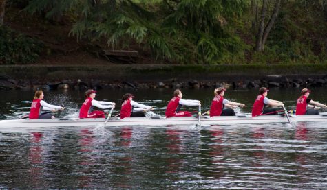 an eight person team rows a boat through a canal