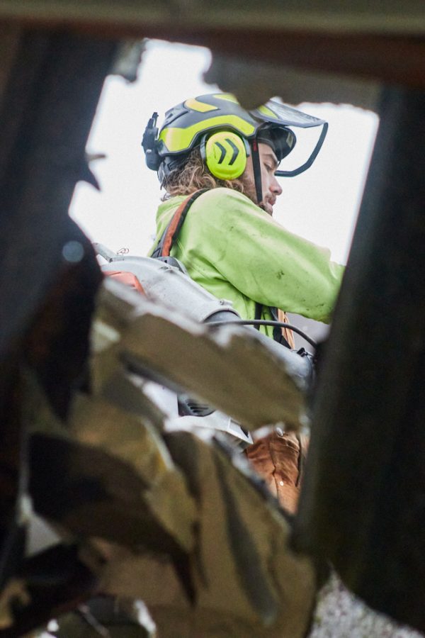 a worker is seen through a hole in the roof of a building