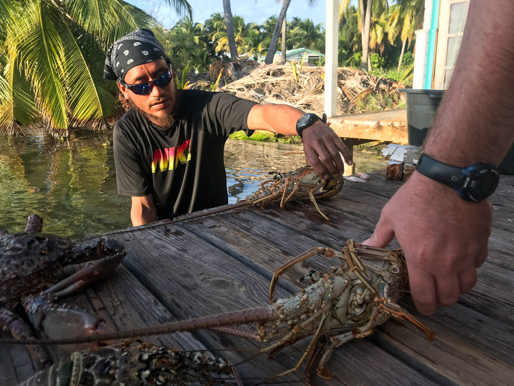 a man holds a crustacean on a dock