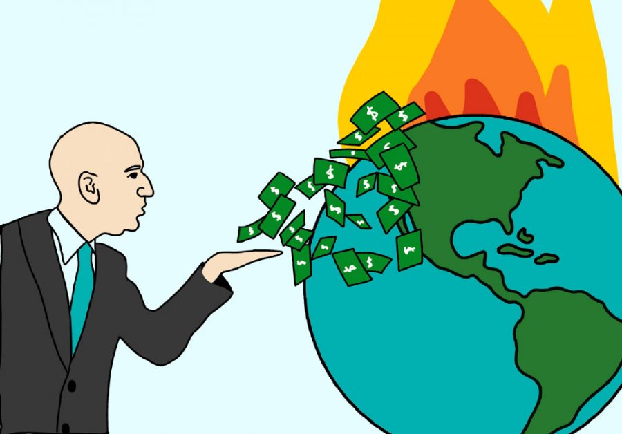 an illustration of jeff bezos blowing money at a burning earth