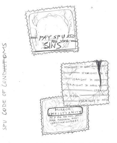 an illustration of condom wrappers with slogans like "straight to hell," "pay spu for your sins," and "mirror christianity"