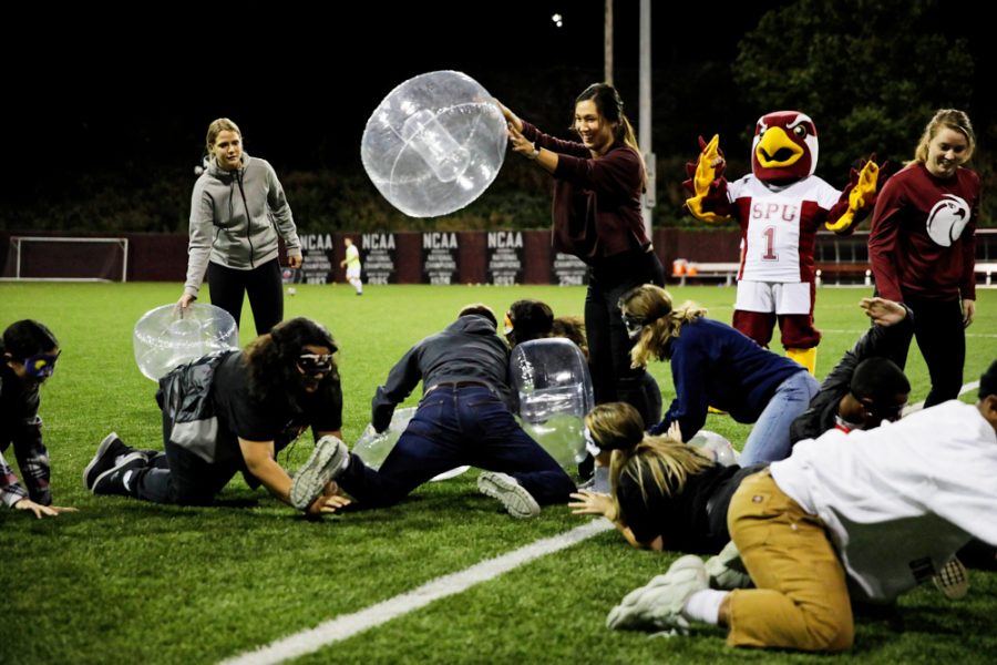 Stefanie Kosco, SPUs fan engagement manager, running a game at an SPU soccer game in the fall of 2019.