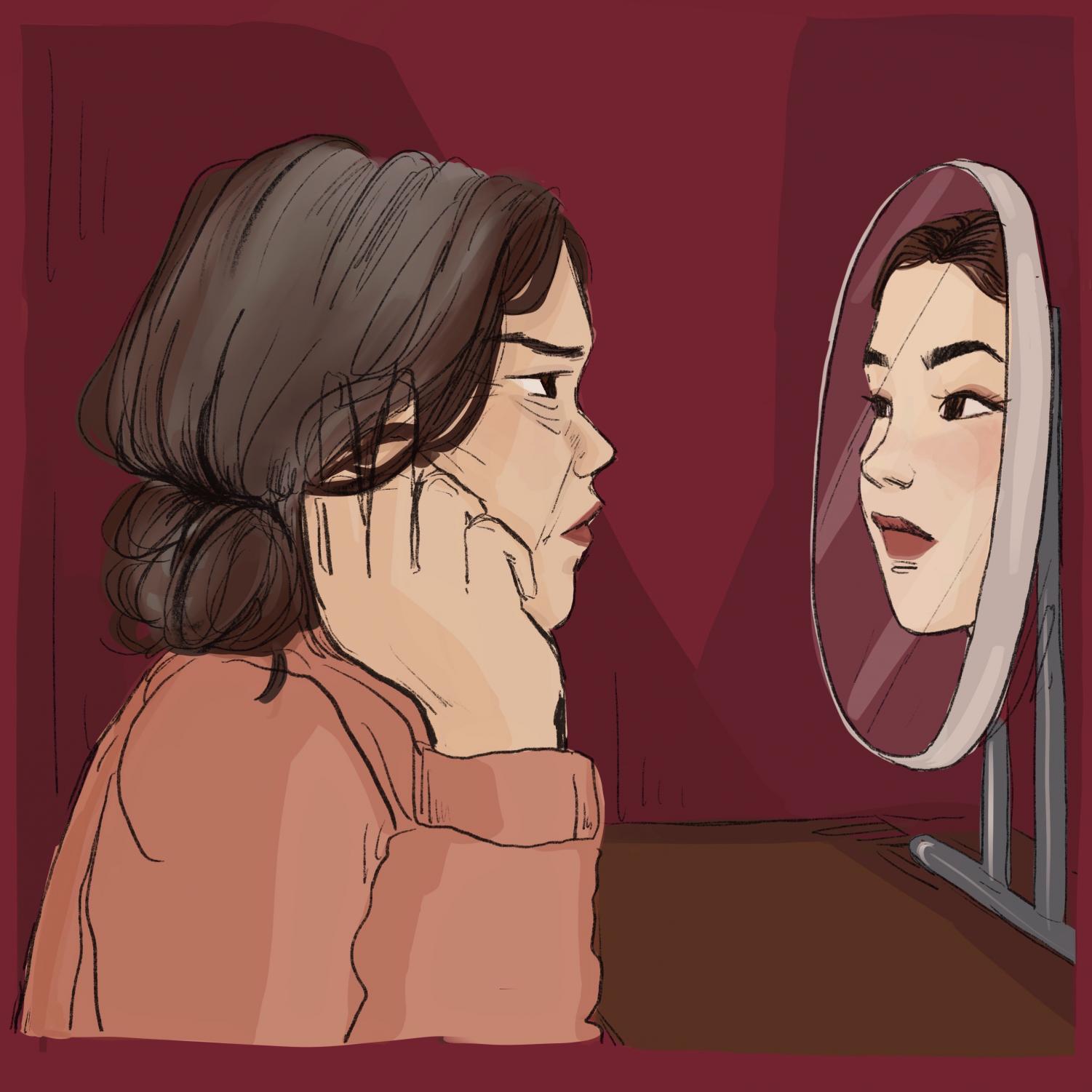 a older woman staring into a mirror at her younger self