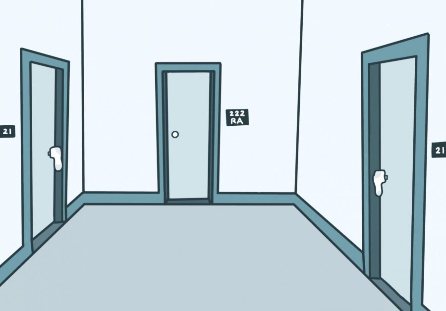 an+illustration+os+a+dorm+hallway+with+socks+on+two+doors