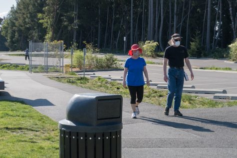 two people wearing face masks walking