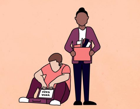 a graphic of two people who have lost their jobs holding boxes