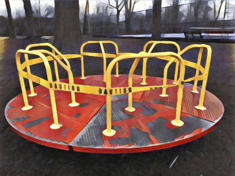 an illustration of a merry-go-round with caution tape around it