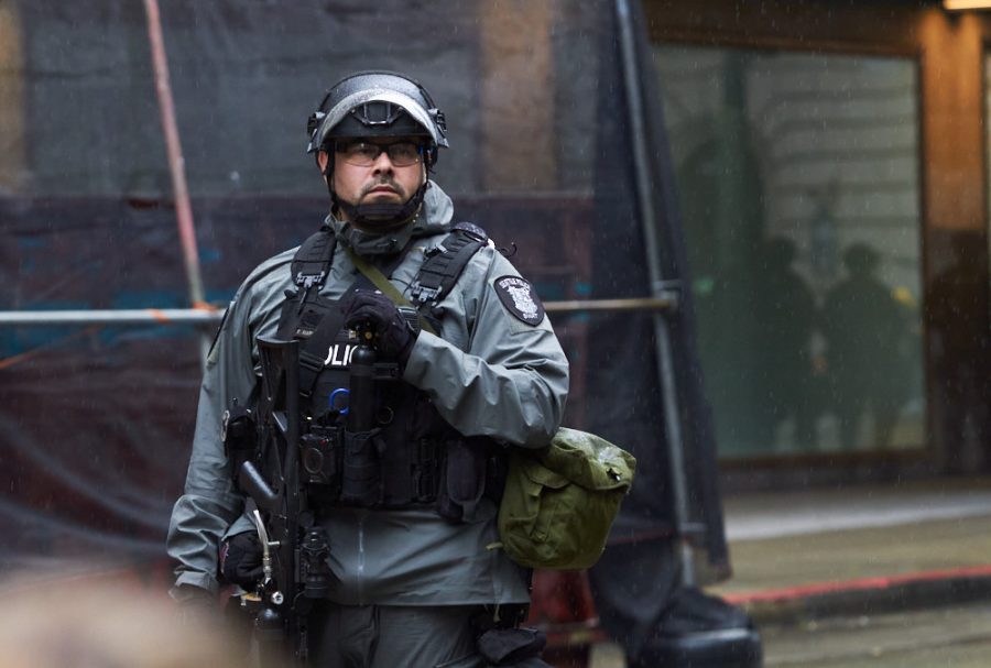 a police officer in riot gear
