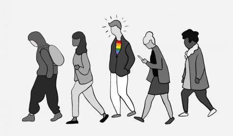 an illustration of a man wearing a rainbow shirt under a jacket