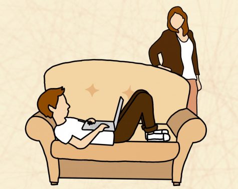 an illustration of a man on a couch and a woman looking at him from behind the couch