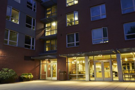 a dorm building at night