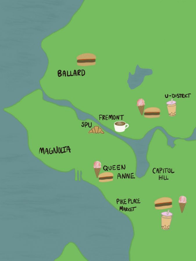 a green map with icons marking student voted favorite spots to eat