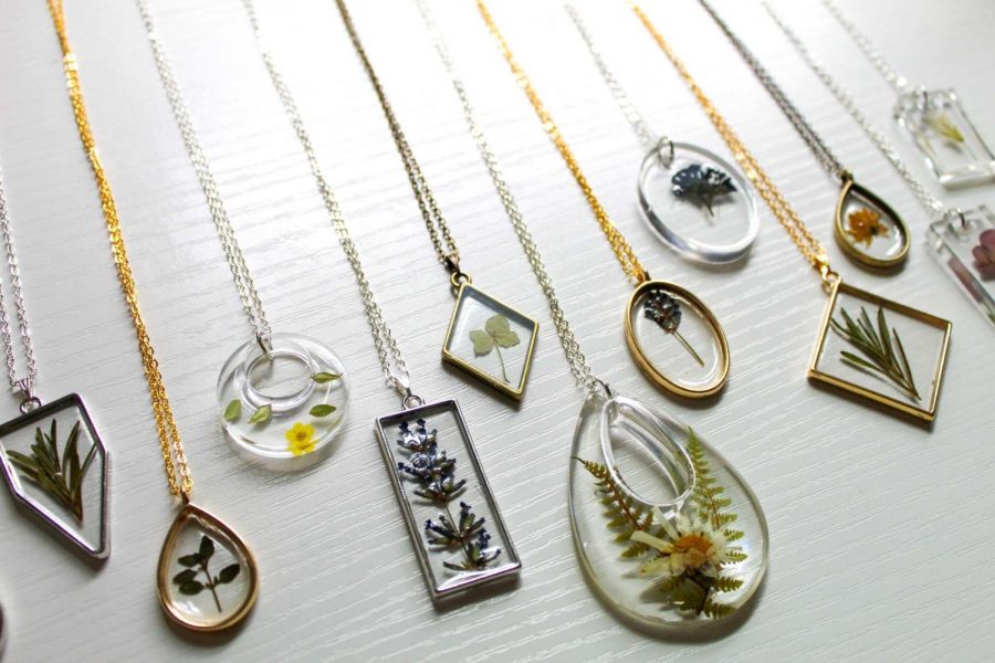 Morgans one-of-a-kind resin jewelry for her Etsy shop, Lavender Lily Studios.