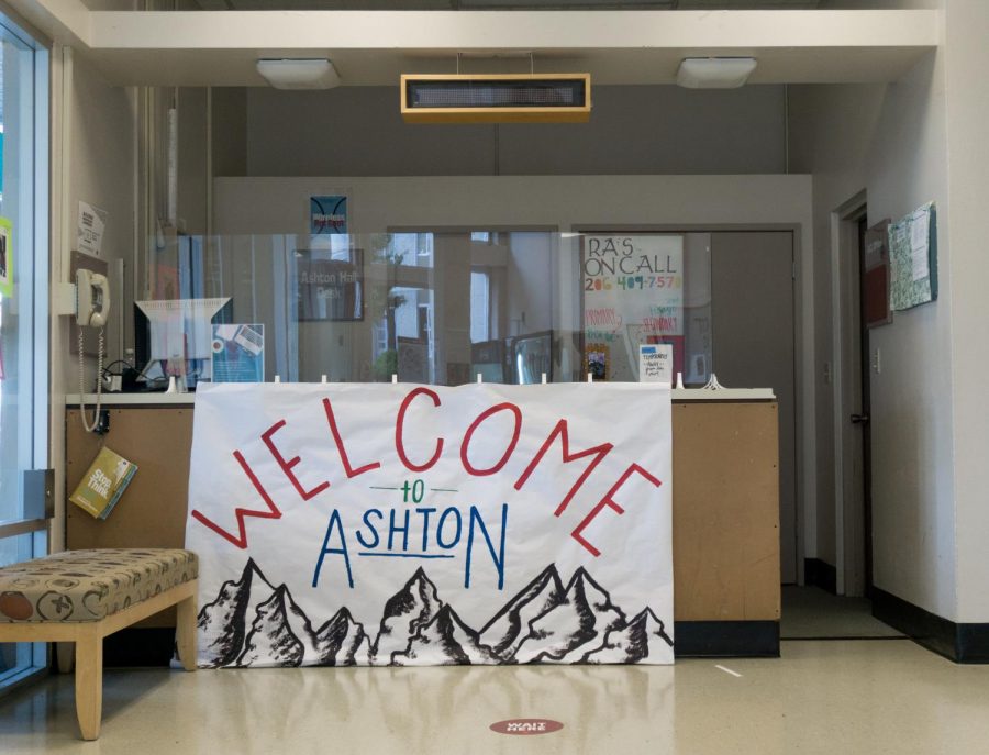 The welcome desk in Ashton Hall, RAs on-call sit at the desk each night and do rounds to check on residents. RAs are also responsible for hosting online events to help build community within their halls.