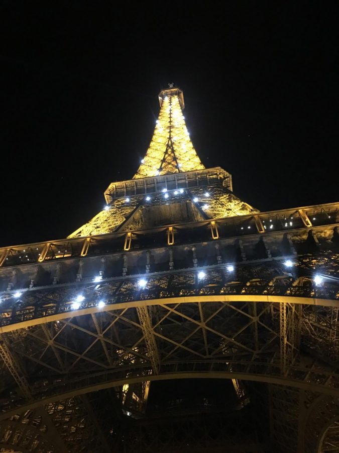 View of Eiffel Tower at night from below.