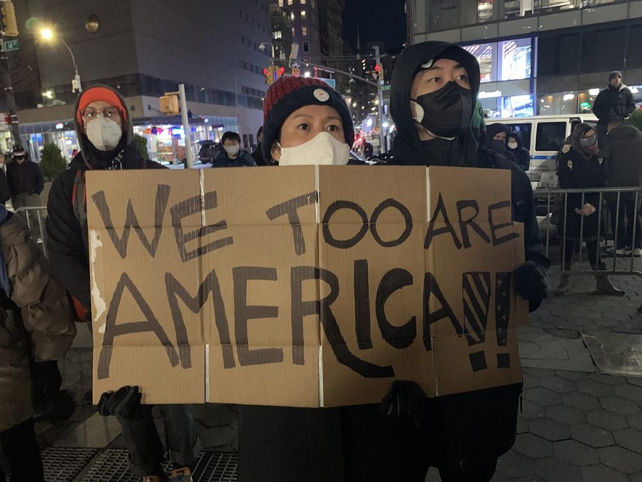 Participants hold signs at the Vigil Against Asian Hate in Union Square, Manhattan on March 19th. Many took to the streets after shooting in Atlanta.
