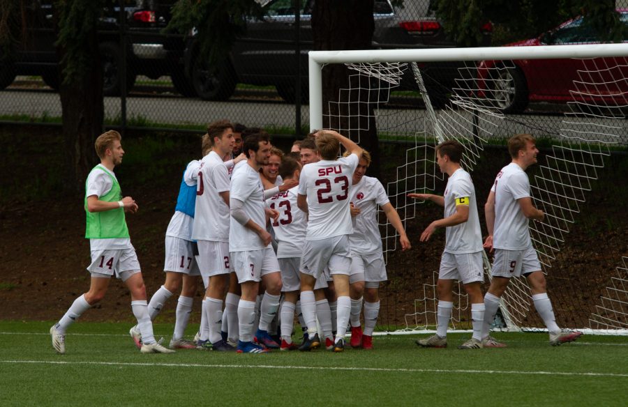 soccer players celebrate after a goal