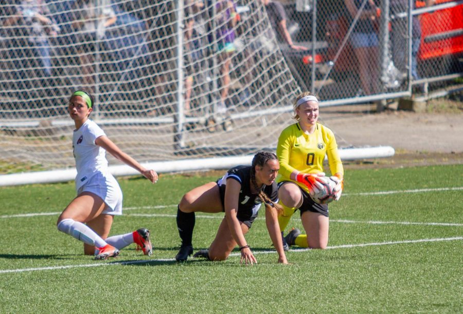 Goalkeeper Riley Travis and defender Madison Ibale keep Western Oregon from scoring during a game April 16th.