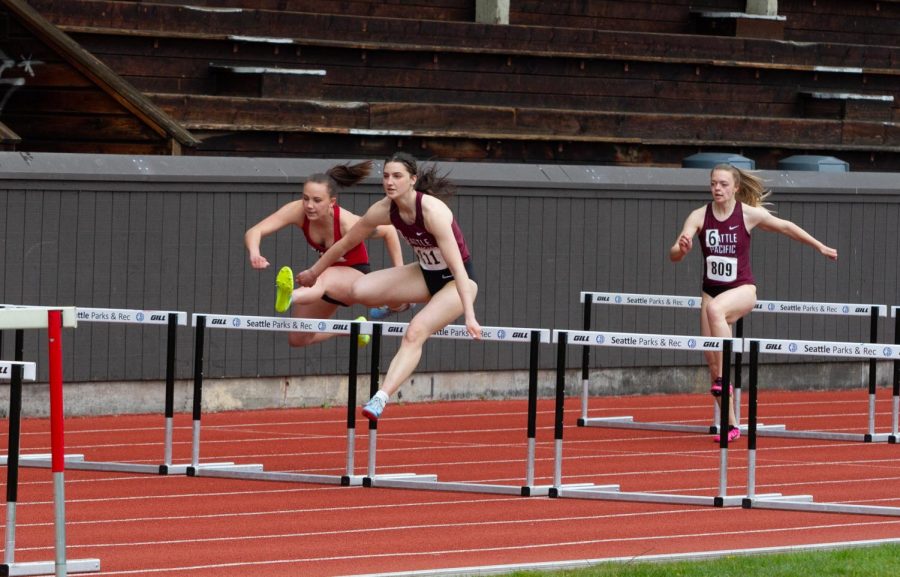 Renick Meyer competes in the hurdles during a meet against Seattle U on April 9th.