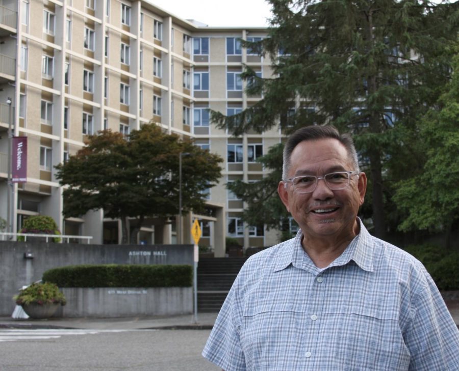 New President Dr. Pete Menjares in front of Ashton Hall. (Caitlyn Schnider)
