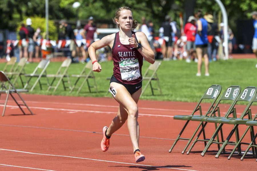 Seattle Pacific University alumni Dania Holmberg competing in the Great Northeast Athletic Conference (GNAC) back in May of 2021. (Courtesy of Mark Moschetti)