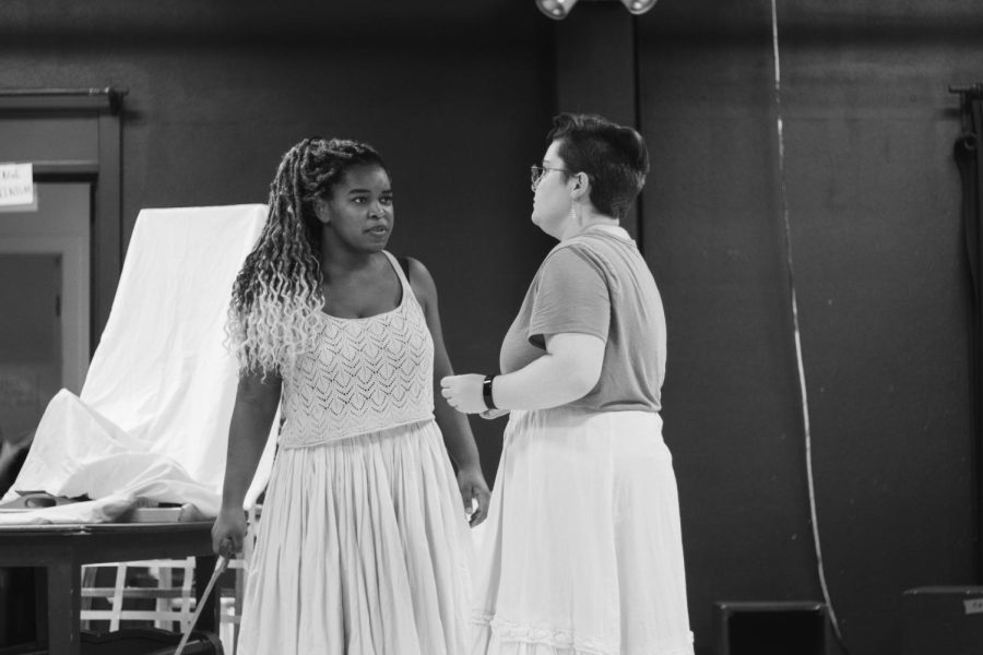Senior theatre performance majors and cast members Chloe Newton and Dami Almon during rehearsals for this years fall production of Blood Water Paint. (Courtesy of Giao Nguyen)
