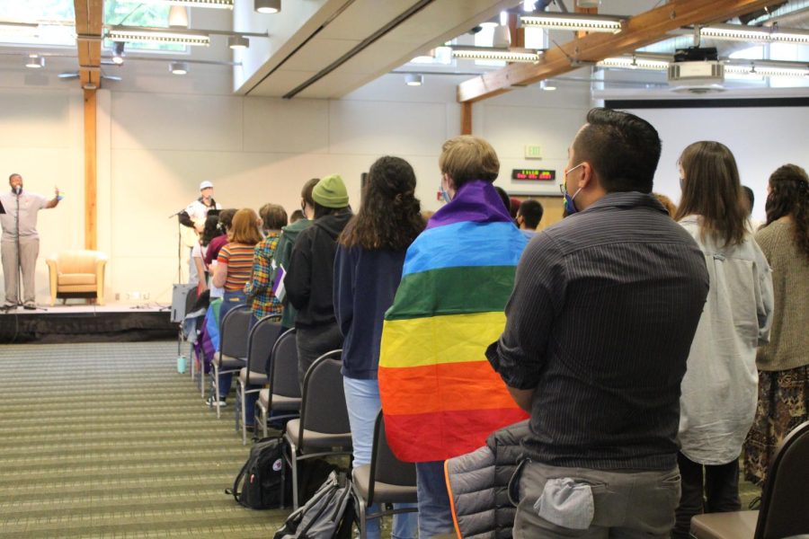 Students brought pride flags and signs in support of the LGBTQIA+ community to Chapel. (Aubrey Rhoadarmer)