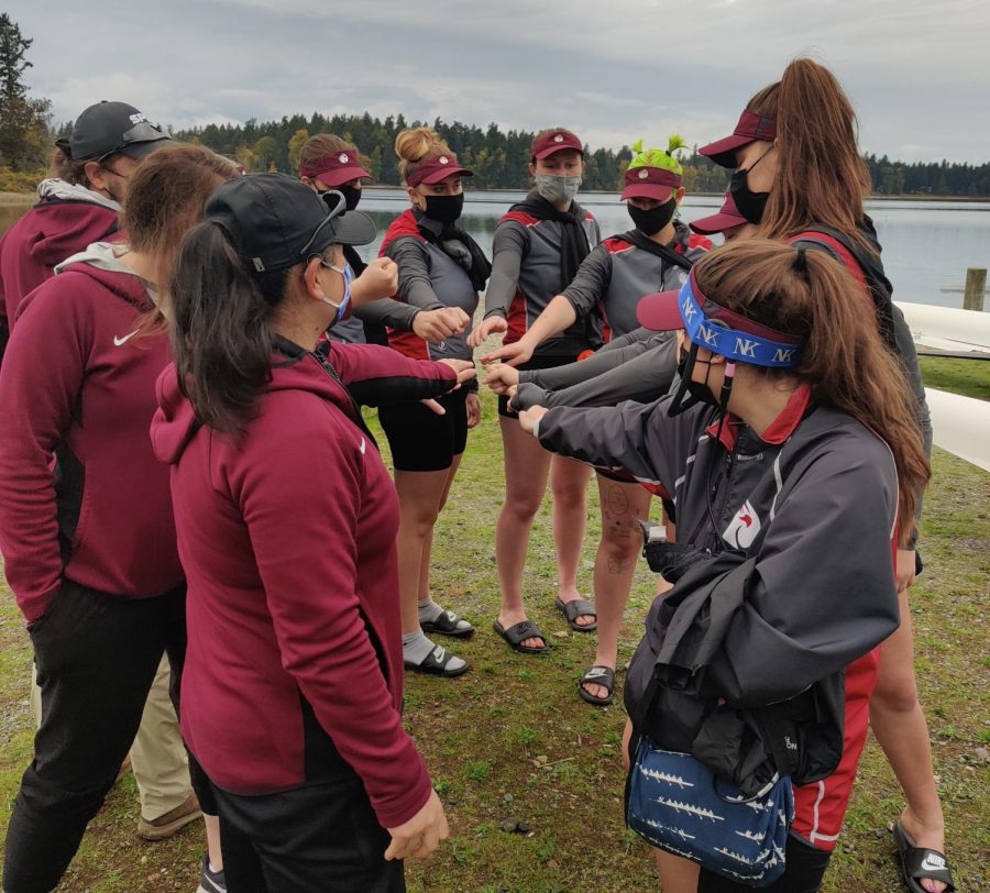 The SPU womens rowing team getting together for a quick huddle. (Courtesy of Matt Oclander)