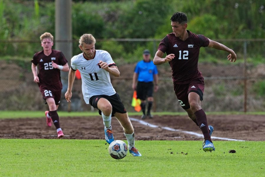 Senior forward Alex Mejia back in September at a match against the University of Hawaii at Hilo. (Courtesy of Joe Poellot)