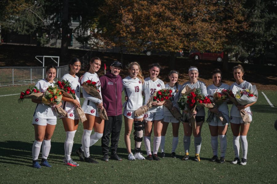 Womens soccer celebrated senior day with a 3-1 win over Western Oregon. (Pictured left to right: Taylor Menkens, Madison Ibale, Sophia Chilczuk, Coach Arby Busey, Mariah Alexander, Ava Giovanola, Abbie Anderson, Riley Travis, Samea Aljundi, and Claire Neder). (Rio Giancarlo)
