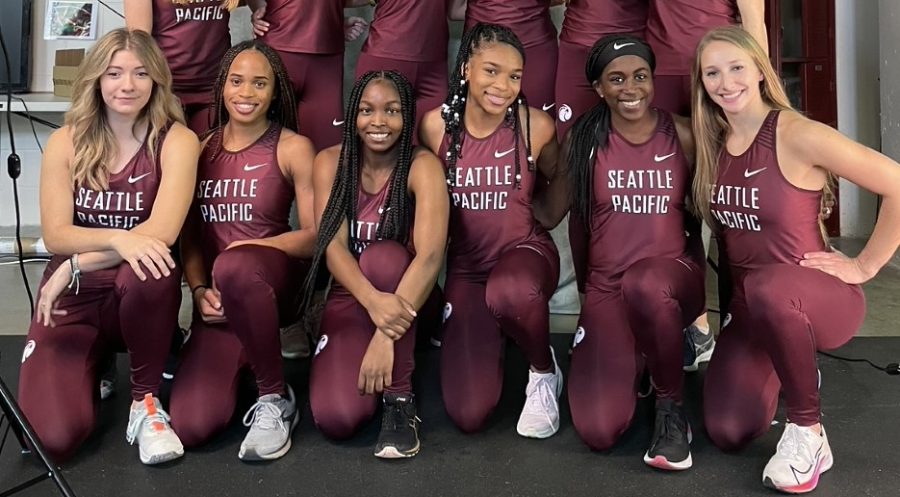 The four pictured in the middle, senior sprinter and jumper Peace Igbonagwam, sophomore sprinter and relay runner Aniya Green, senior sprinter Jenna Bouyer, and senior sprinter Vanessa Aniteye competed in the women’s 4x100 relay race and placed within the top three where they competed in the West Coast Relays in Clovis, California. Pictured with them is freshman sprinter Emelia Ballard (far-left) and senior pole vaulter Emily Northey (far-right). (Courtesy of Vanessa Aniteye)