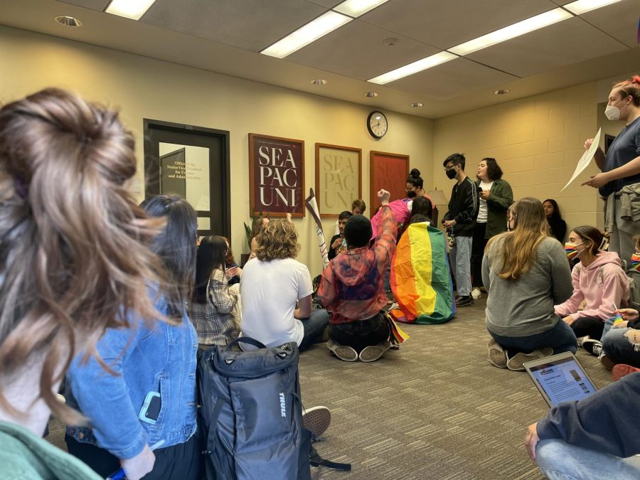 Many students camped out throughout the halls of Demaray to protest the Board of Trustees statement on human sexuality that came out earlier this week. (Gabrialla Cockerell)